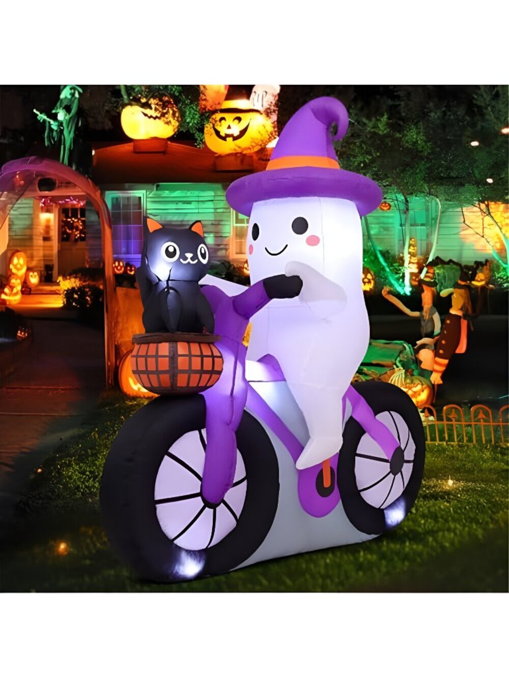 5FT Halloween Inflatables Ghost Bike Black Cat Yard Decor with LEDs